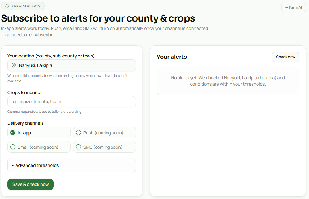 Wingu9 alert subscription screen where a farmer sets their county, crops to monitor and delivery channels for Farm AI alerts.