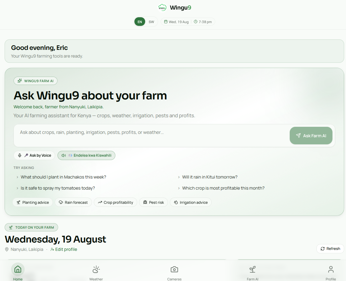 Wingu9 home screen showing the Farm AI question box, English and Kiswahili language toggle, suggested farming questions and today's farm summary for Nanyuki, Laikipia.