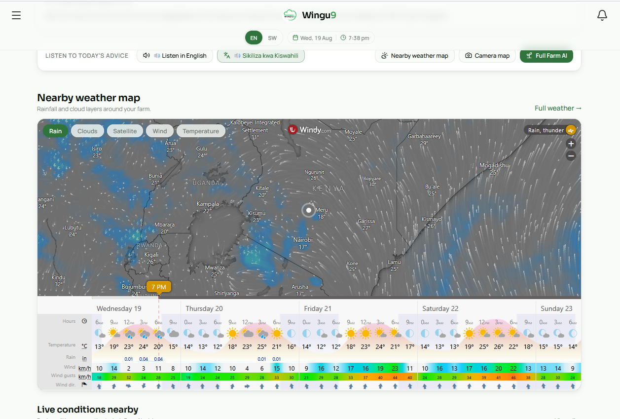 Wingu9 weather intelligence screen with a rainfall and cloud radar map over Kenya and a five-day hourly temperature, rain and wind forecast strip.